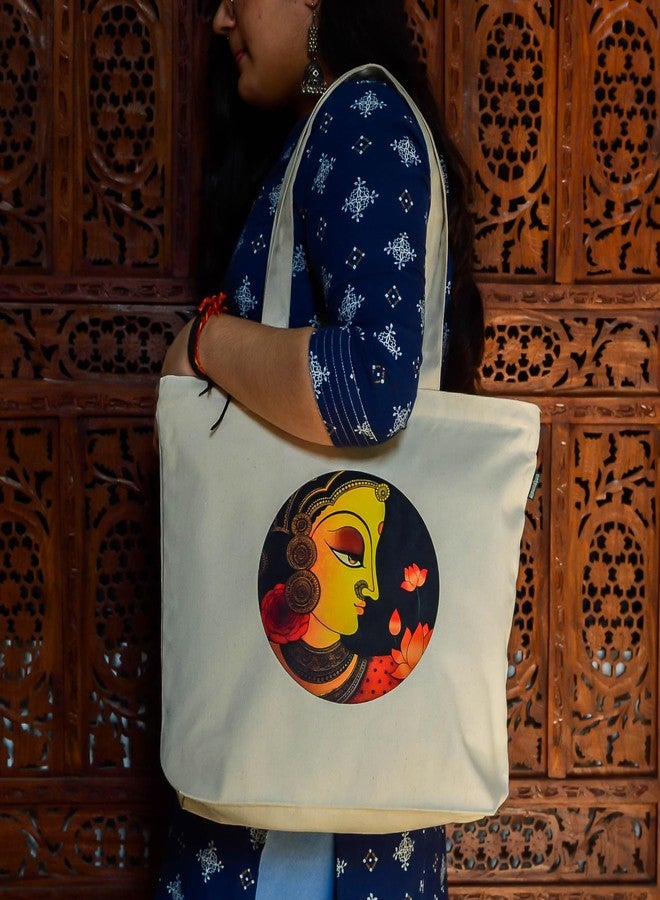 Roundsun Eco-Friendly Printed White Canvas Horizontal Tote Bag Artistic Design Collection (White) (Lotus Lady) - Image 2